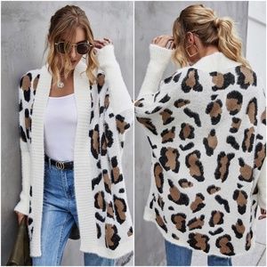 leopard print fuzzy dolman sleeve fall cardigan